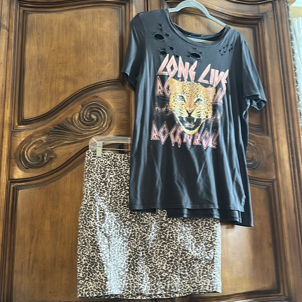 Free People Leopard Print pencil Skirt with Matching Leopard Rock N Roll Shirt L - Picture 5 of 13